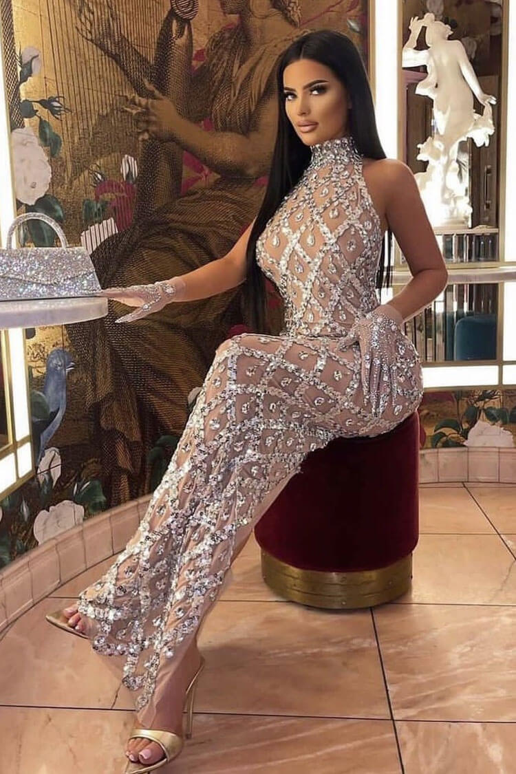 Sexy High Neck Sleeveless Sheer Mesh Rhinestone Sequin Evening Maxi Dress - Silver Fashionpara