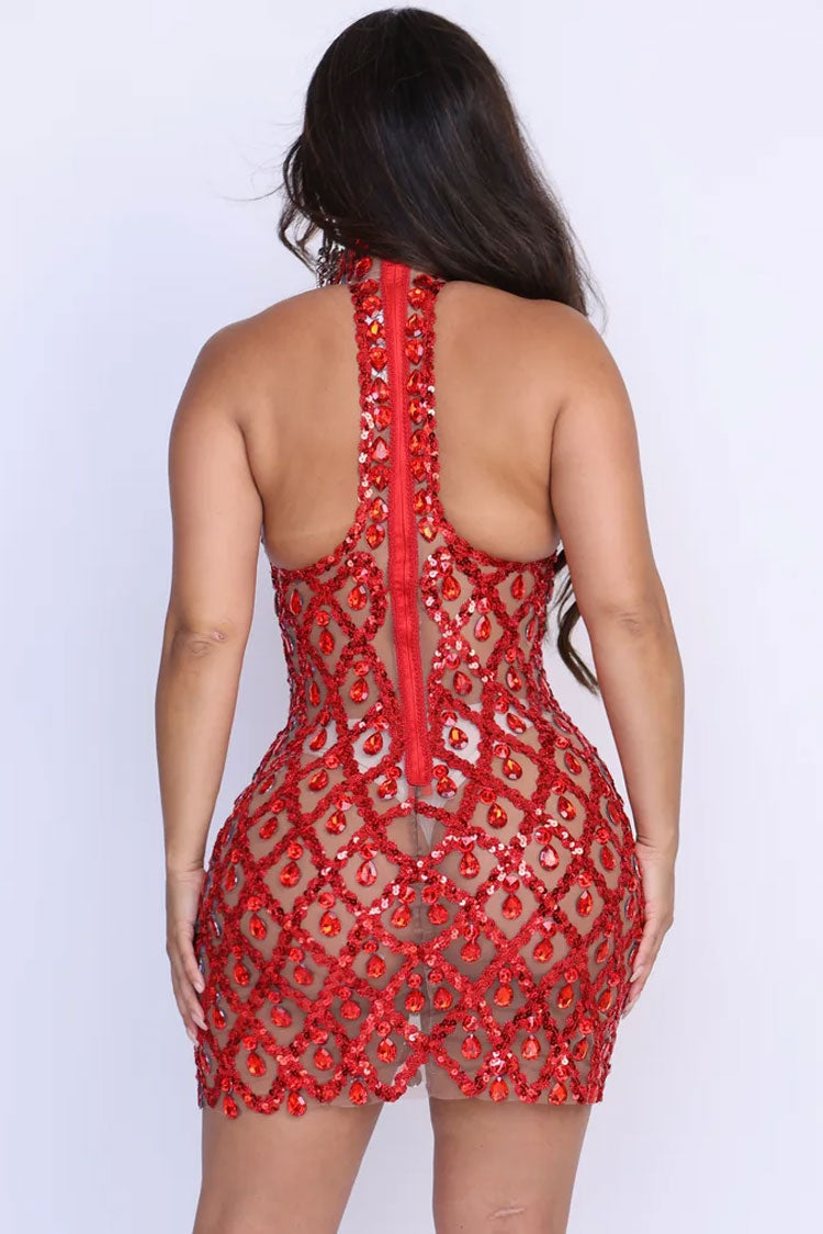 Sexy High Neck Sleeveless Sheer Mesh Rhinestone Sequin Party Mini Dress - Red Fashionpara