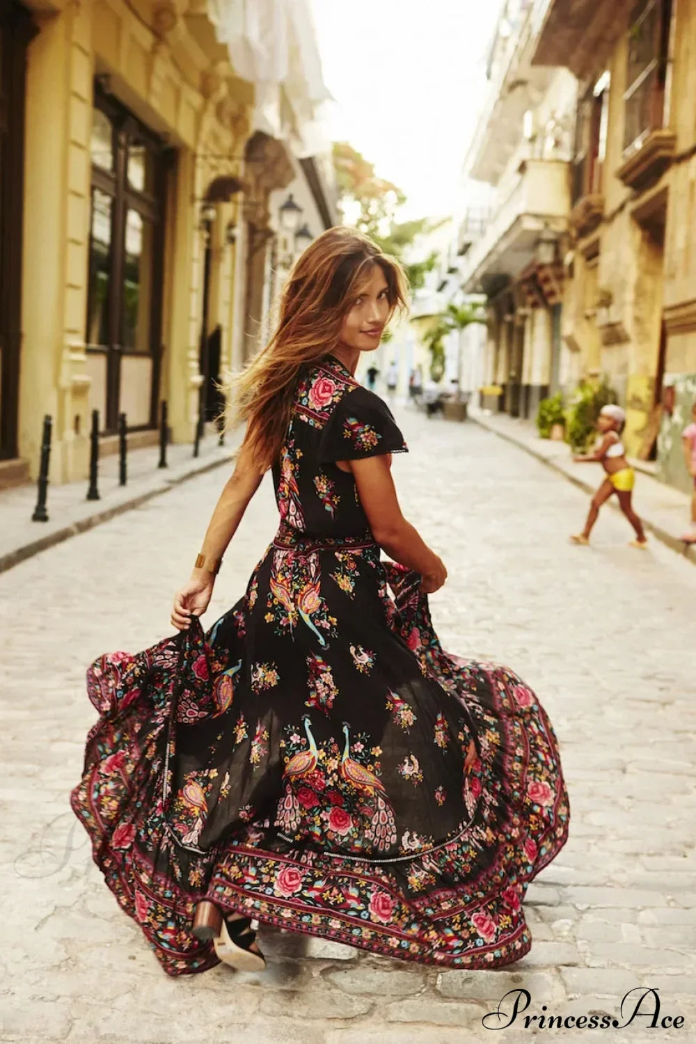 Sexy High Split Flare Sleeve Print Rayon Maxi Boho Dress Black / S bohodress-250126