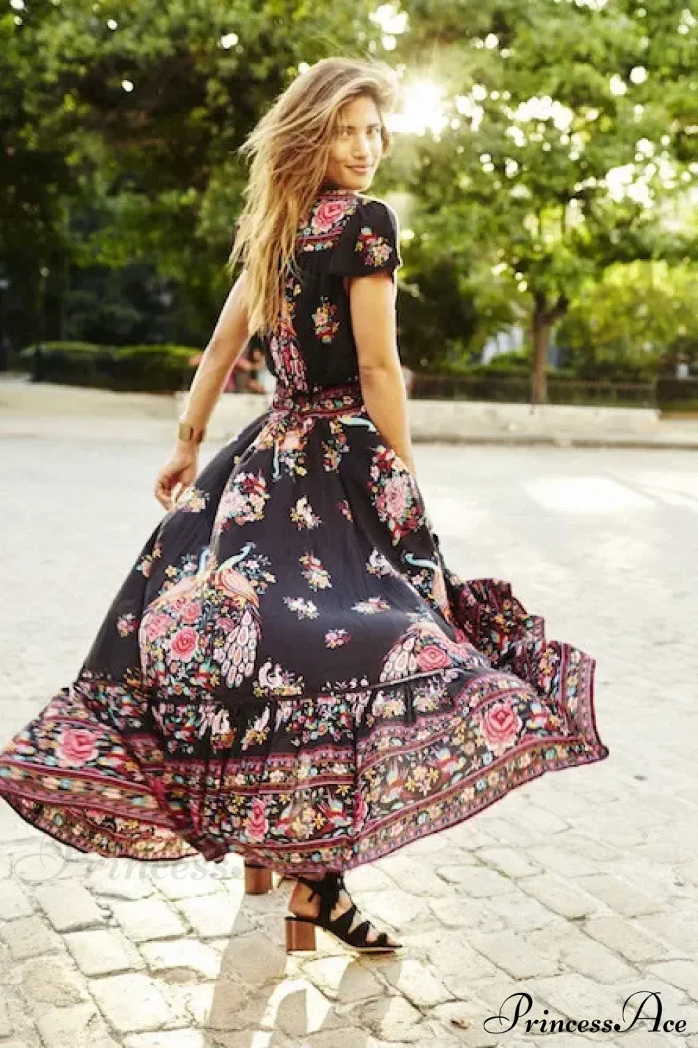 Sexy High Split Flare Sleeve Print Rayon Maxi Boho Dress