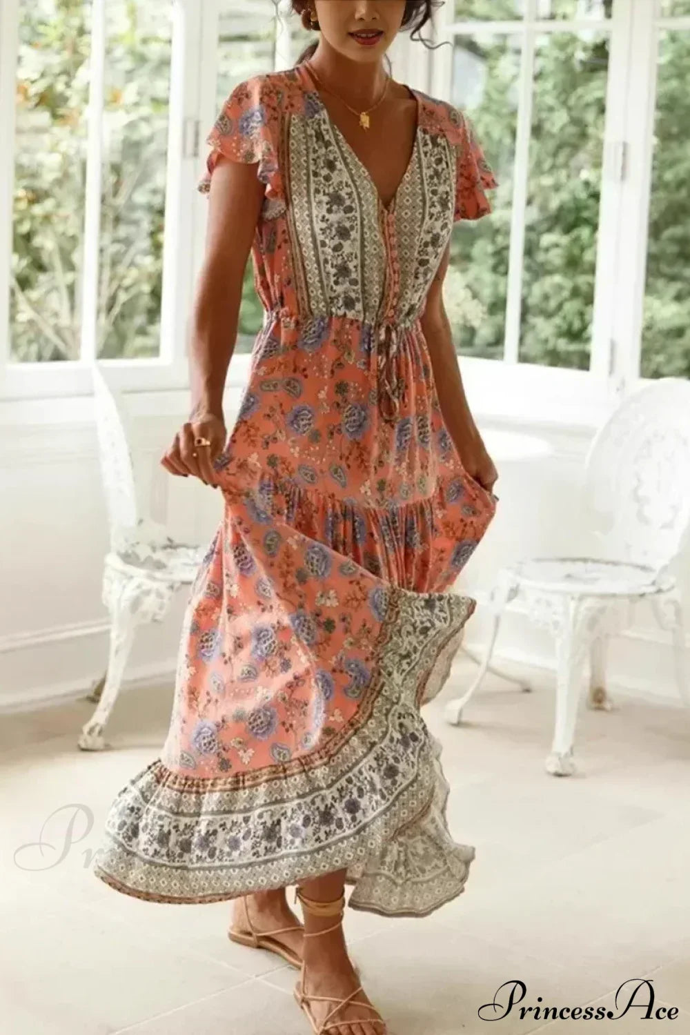 Sexy High Split Flare Sleeve Rayon Cotton Boho Dress red / S bohodress-250126