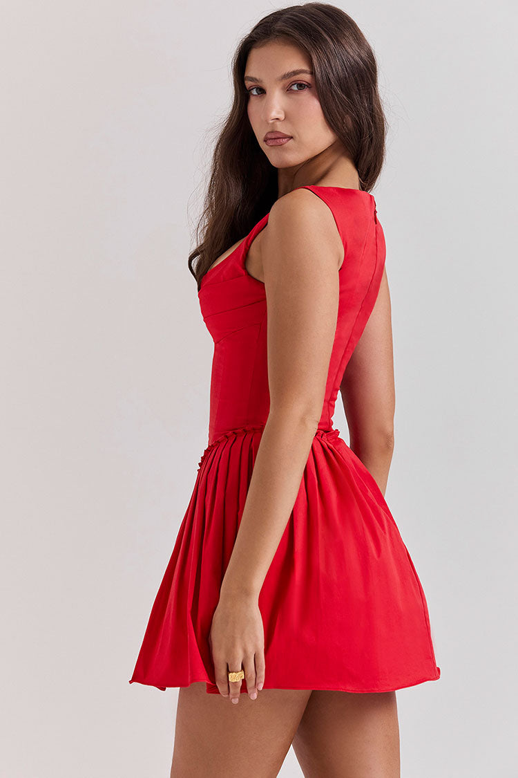 Sexy Hook & Eye Drop Waist Pleated Corset Summer Mini Sundress - Red - Fashionpara