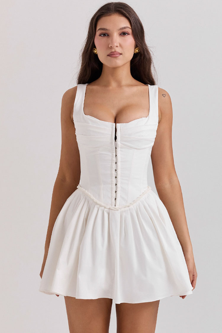 Sexy Hook & Eye Drop Waist Pleated Corset Summer Mini Sundress - White - Fashionpara