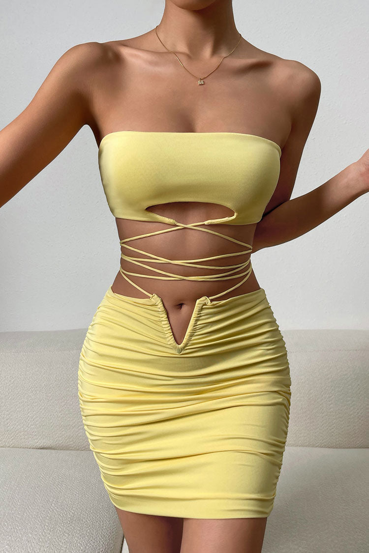 Sexy Keyhole Tube Top Wrap V Cut High Waist Two Piece Club Mini Dress - Yellow - Fashionpara