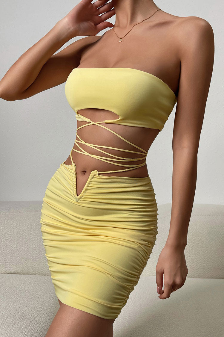 Sexy Keyhole Tube Top Wrap V Cut High Waist Two Piece Club Mini Dress - Yellow - Fashionpara