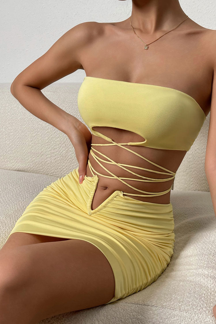 Sexy Keyhole Tube Top Wrap V Cut High Waist Two Piece Club Mini Dress - Yellow - Fashionpara