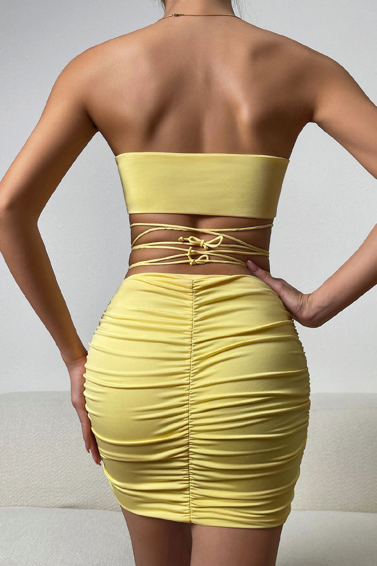 Sexy Keyhole Tube Top Wrap V Cut High Waist Two Piece Club Mini Dress - Yellow - Fashionpara