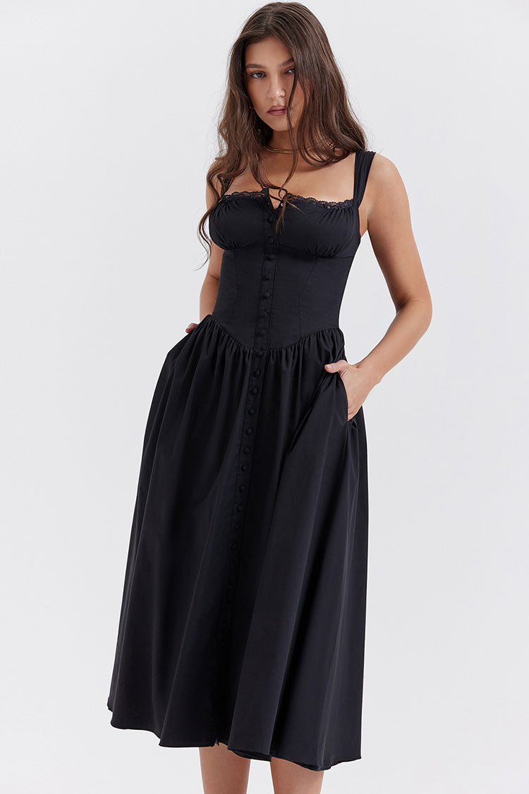 Sexy Lace Square Neck Lace Up Back Fit & Flare Midi Sundress - Black Fashionpara