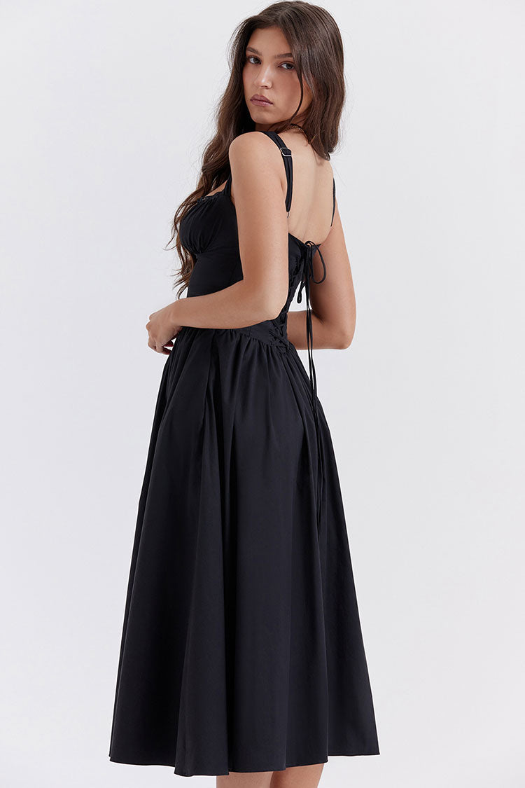 Sexy Lace Square Neck Lace Up Back Fit & Flare Midi Sundress - Black Fashionpara