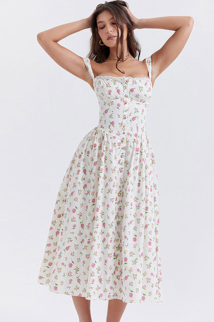 Sexy Lace Square Neck Lace Up Back Fit & Flare Midi Sundress - Floral  Fashionpara