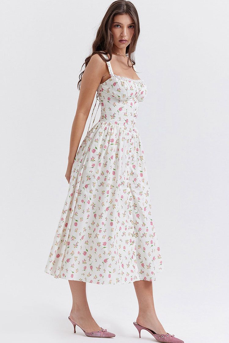 Sexy Lace Square Neck Lace Up Back Fit & Flare Midi Sundress - Floral  Fashionpara