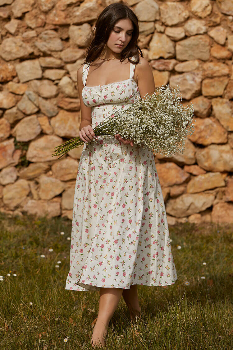 Sexy Lace Square Neck Lace Up Back Fit & Flare Midi Sundress - Floral  Fashionpara