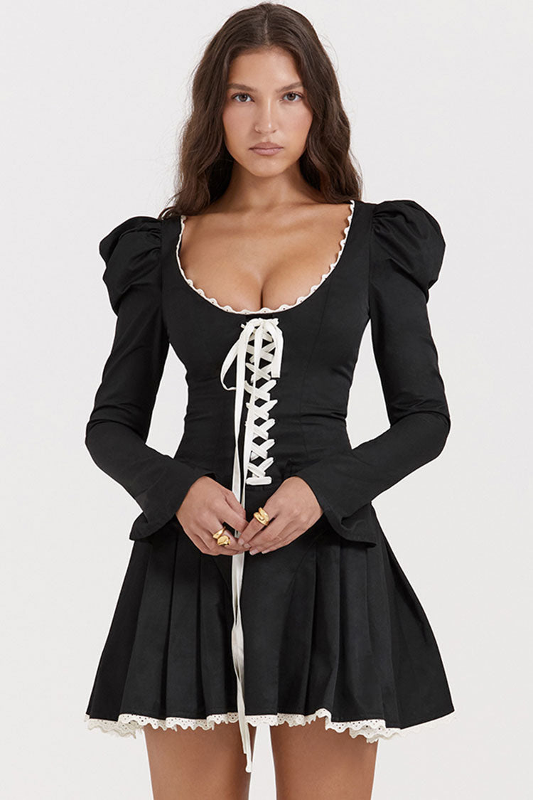 Sexy Lace Up Scoop Neck Puff Sleeve Ruffle Fit & Flare Party Mini Dress - Black - Fashionpara