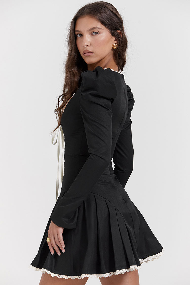 Sexy Lace Up Scoop Neck Puff Sleeve Ruffle Fit & Flare Party Mini Dress - Black - Fashionpara