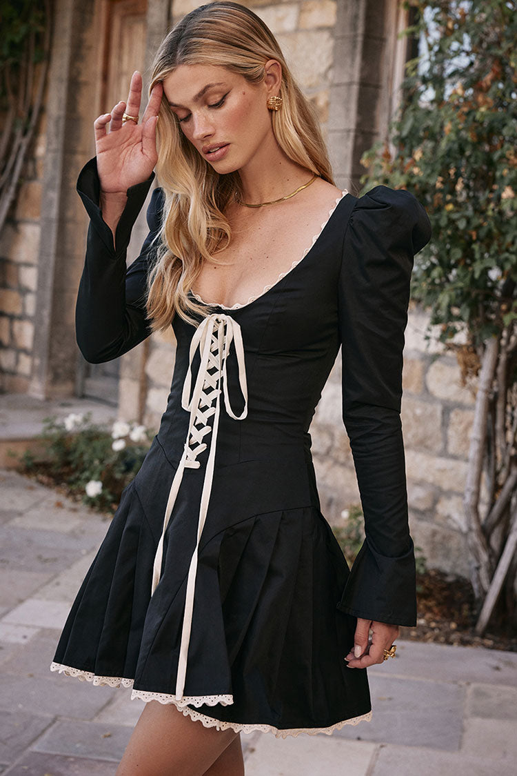 Sexy Lace Up Scoop Neck Puff Sleeve Ruffle Fit & Flare Party Mini Dress - Black - Fashionpara