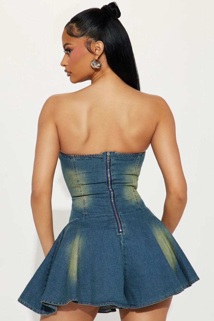 Sexy Lace Up Tie Front Strapless Ruffle Drop Waist Washed Denim Mini Dress