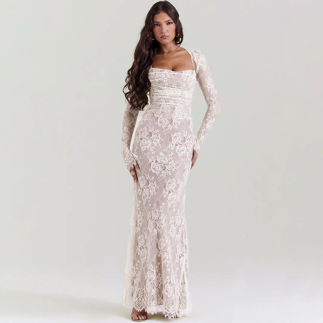 Sexy Layered Shrug Ruched Lace Maxi Fishtail Evening Dress - Cream - Fashionpara