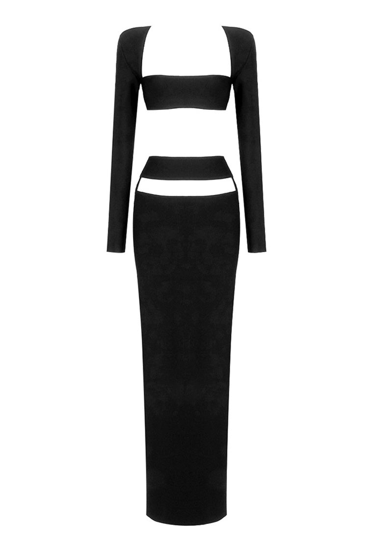 Sexy Long Sleeve Bra Top High Waist Cutout Bandage Two Piece Maxi Dress - Fashionpara
