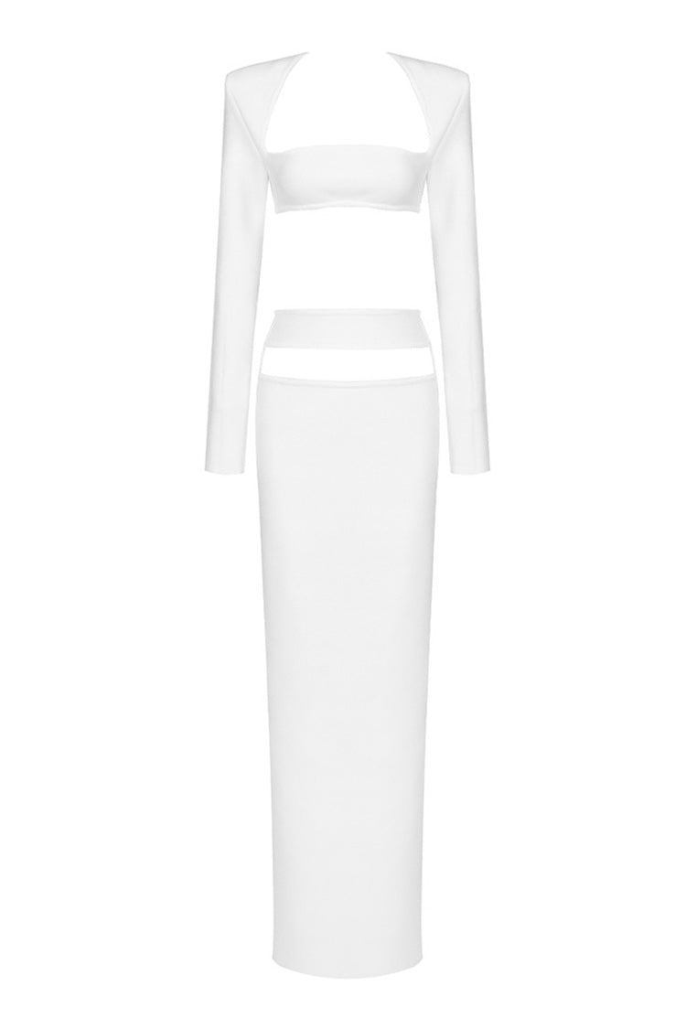 Sexy Long Sleeve Bra Top High Waist Cutout Bandage Two Piece Maxi Dress - Fashionpara