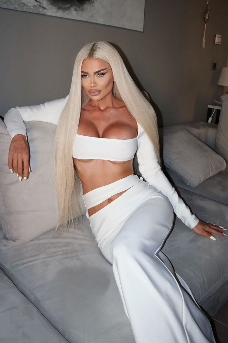 Sexy Long Sleeve Bra Top High Waist Cutout Bandage Two Piece Maxi Dress - Fashionpara