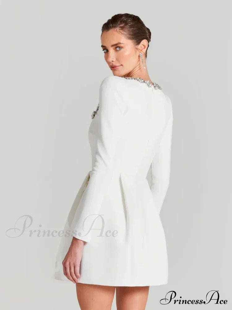 Sexy Long Sleeves Square Collar Crystal A-Line Slim Dress Elegant Christmas Party Dress