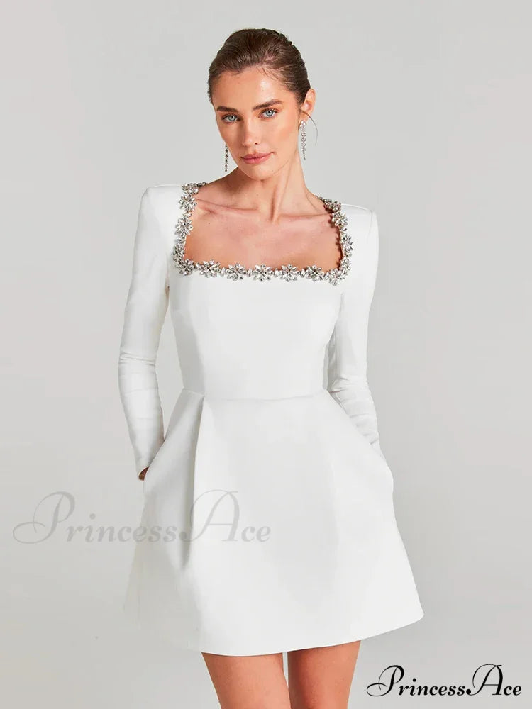 Sexy Long Sleeves Square Collar Crystal A-Line Slim Dress Elegant Christmas Party Dress