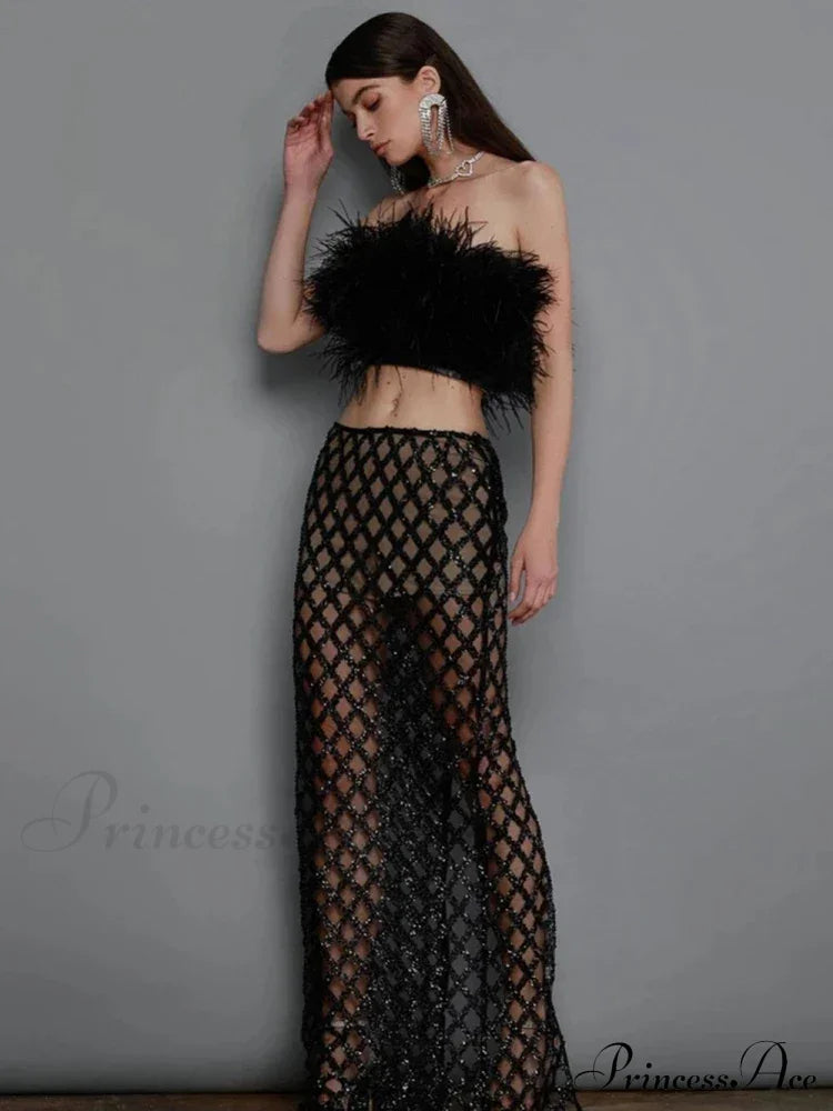 Sexy Luxury Sequins Feather Strapless Top Skirt Two Piece Set Christmas Party Dress