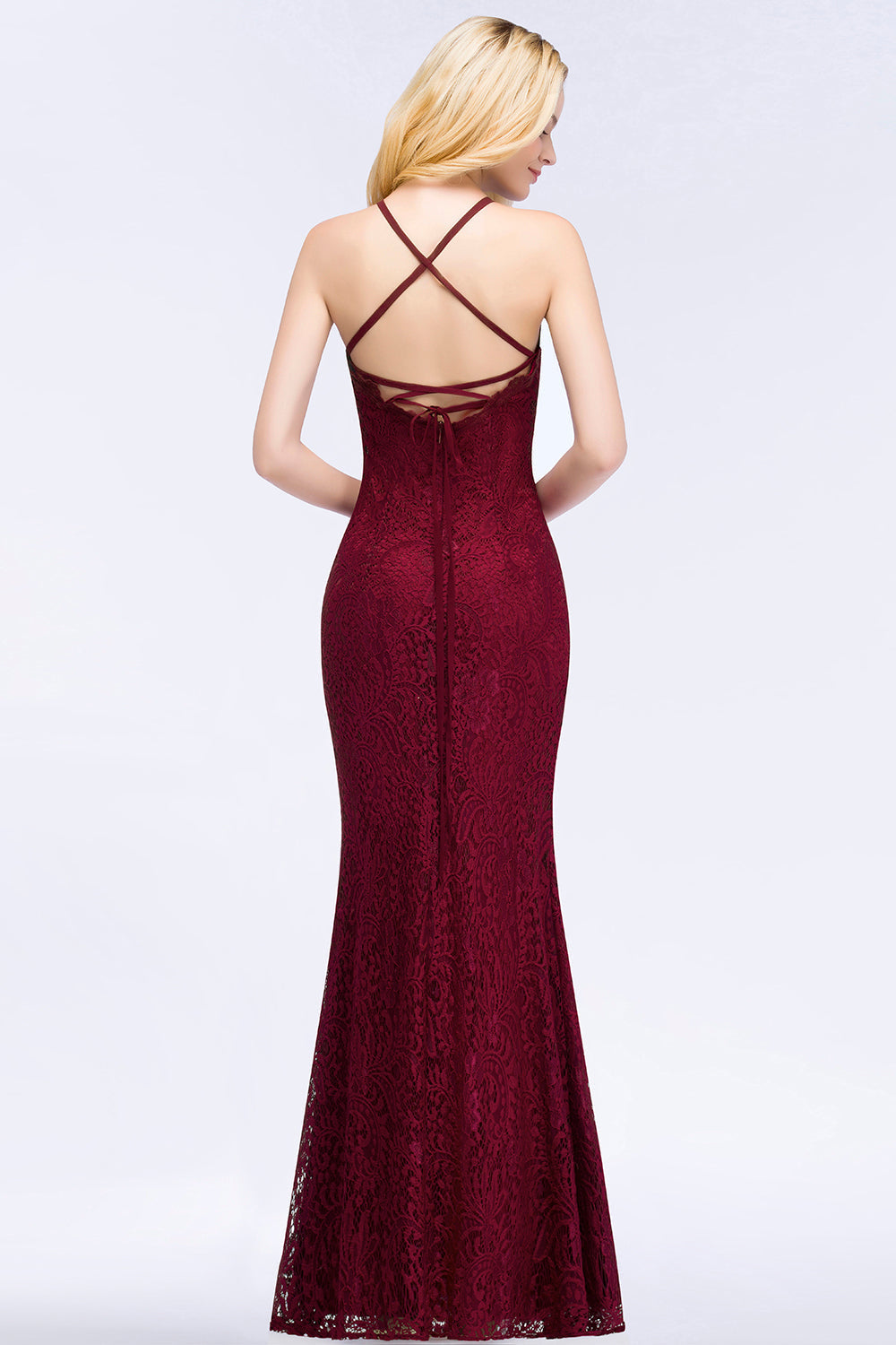 Sexy Mermaid Lace Long Burgundy Bridesmaid dresses with Crisscross Back - Fashionpara