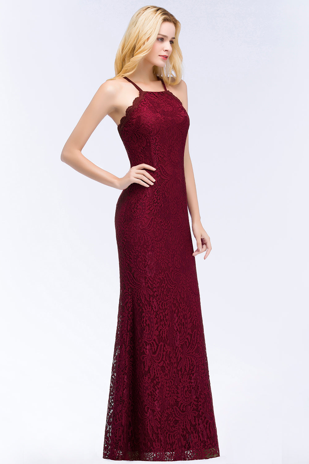 Sexy Mermaid Lace Long Burgundy Bridesmaid dresses with Crisscross Back - Fashionpara