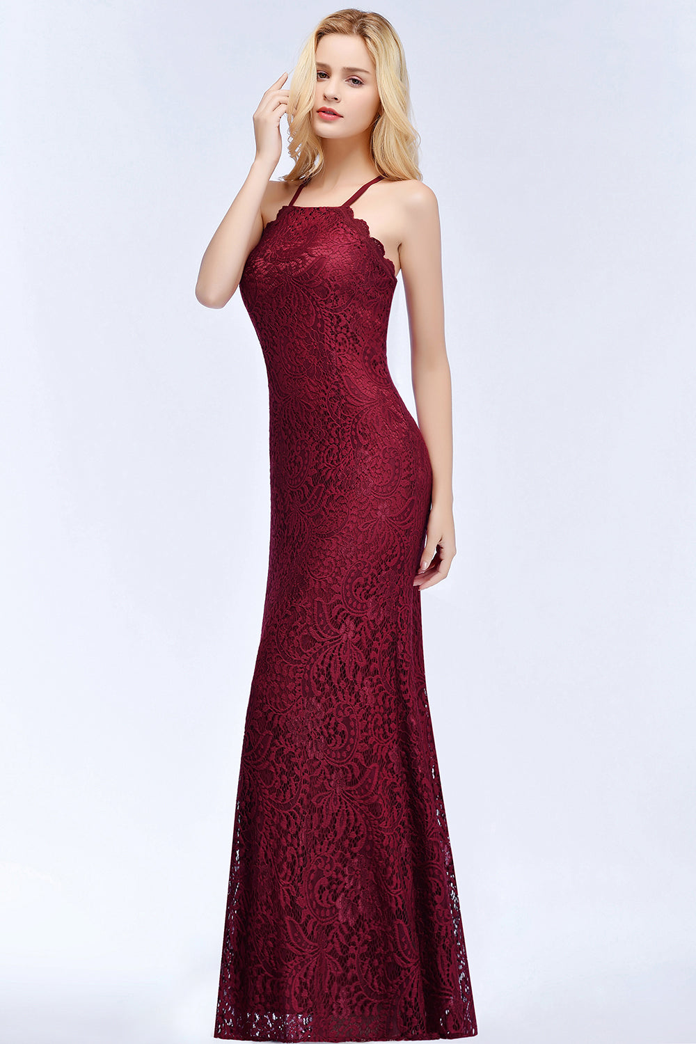 Sexy Mermaid Lace Long Burgundy Bridesmaid dresses with Crisscross Back - Fashionpara