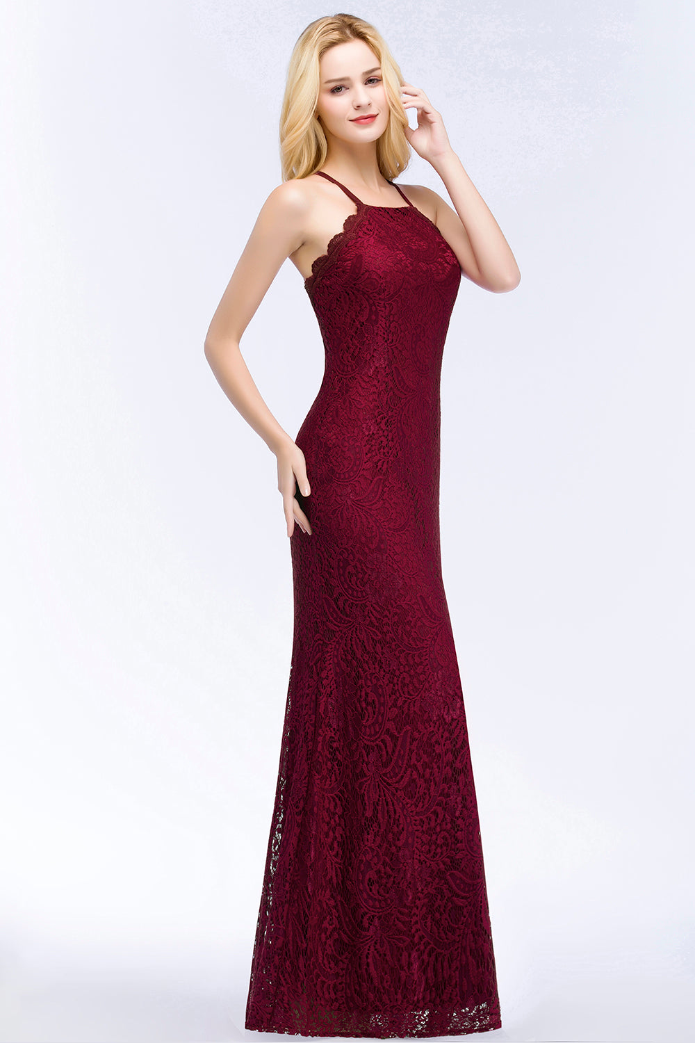 Sexy Mermaid Lace Long Burgundy Bridesmaid dresses with Crisscross Back - Fashionpara