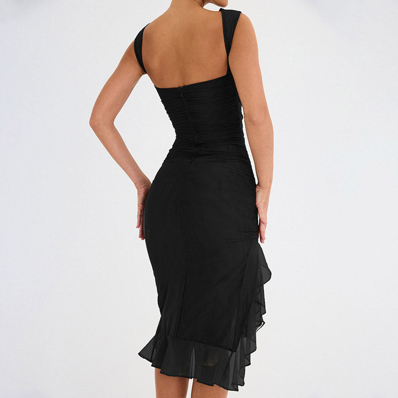 Mesh Crew Neck Sleeveless Ruched Ruffle Hem Midi Dress 2