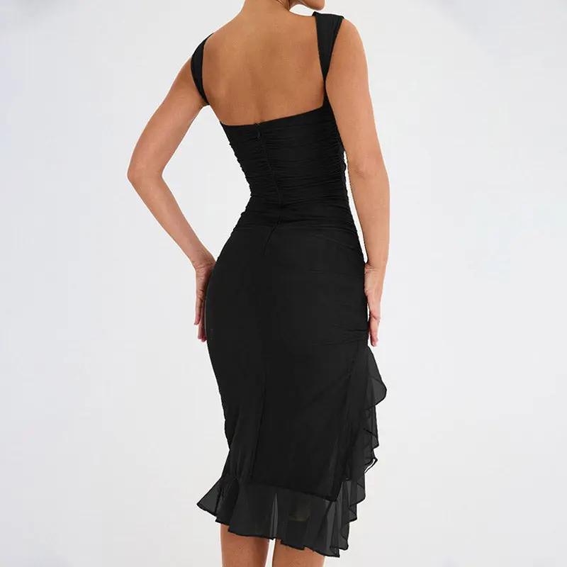 Sexy Mesh Ruched Crew Neck Sleeveless Bodycon Ruffle Cocktail Midi Dress - Black Fashionpara
