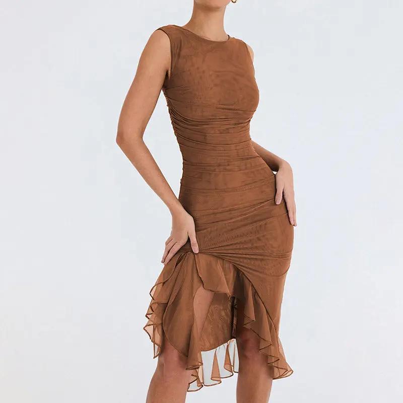 Sexy Mesh Ruched Crew Neck Sleeveless Bodycon Ruffle Cocktail Midi Dress - Brown Fashionpara