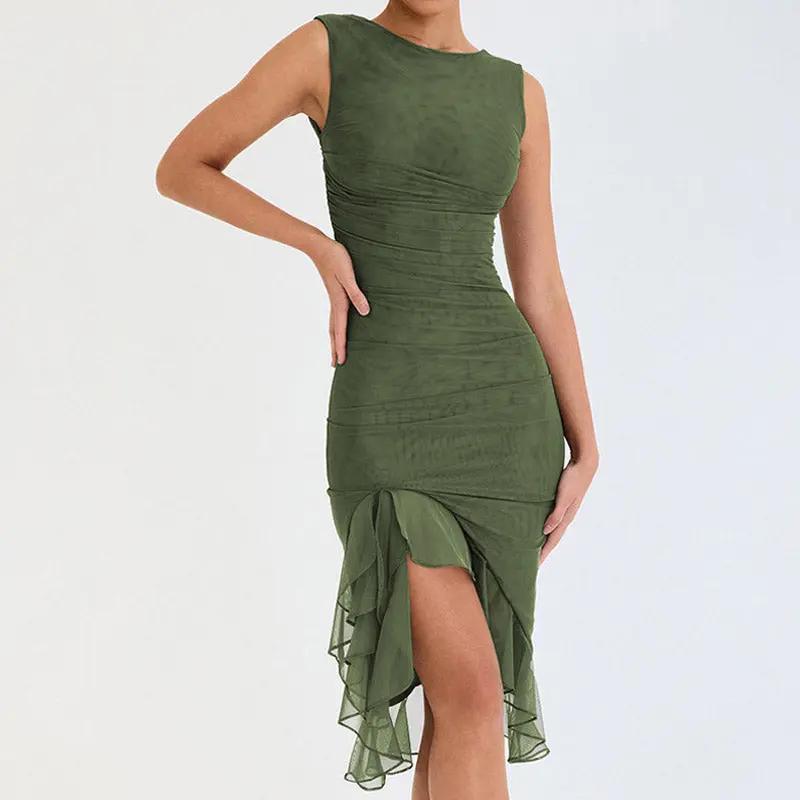 Sexy Mesh Ruched Crew Neck Sleeveless Bodycon Ruffle Cocktail Midi Dress - Army Green Fashionpara