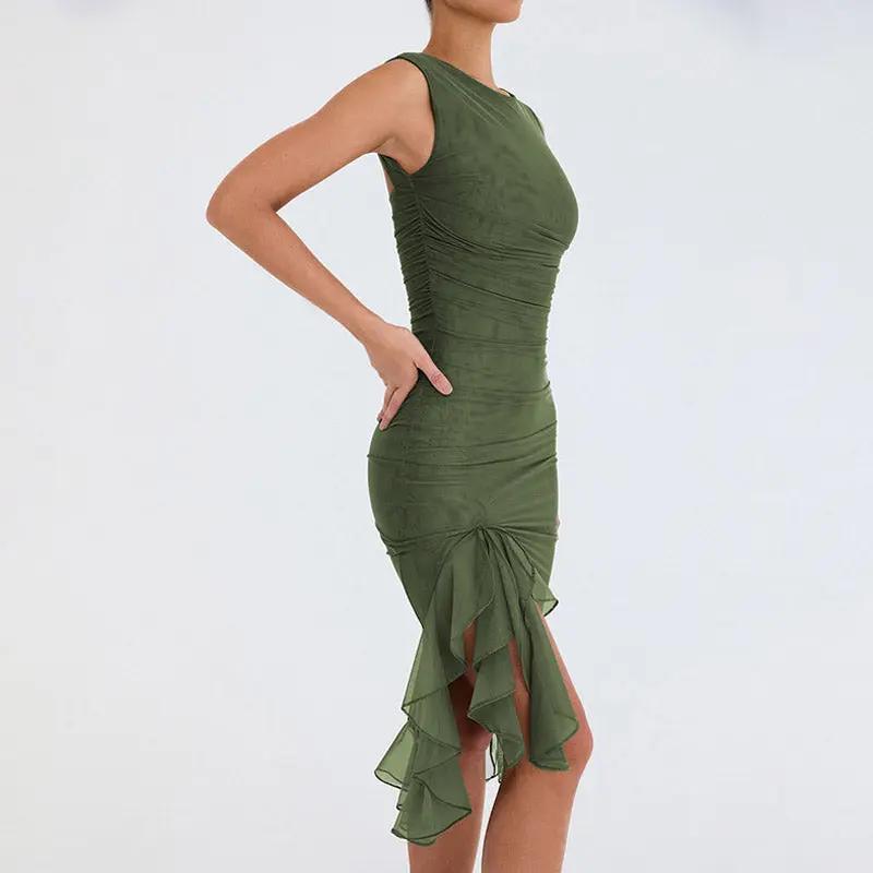 Sexy Mesh Ruched Crew Neck Sleeveless Bodycon Ruffle Cocktail Midi Dress - Army Green Fashionpara