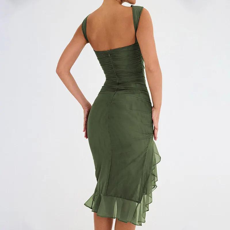 Sexy Mesh Ruched Crew Neck Sleeveless Bodycon Ruffle Cocktail Midi Dress - Army Green Fashionpara
