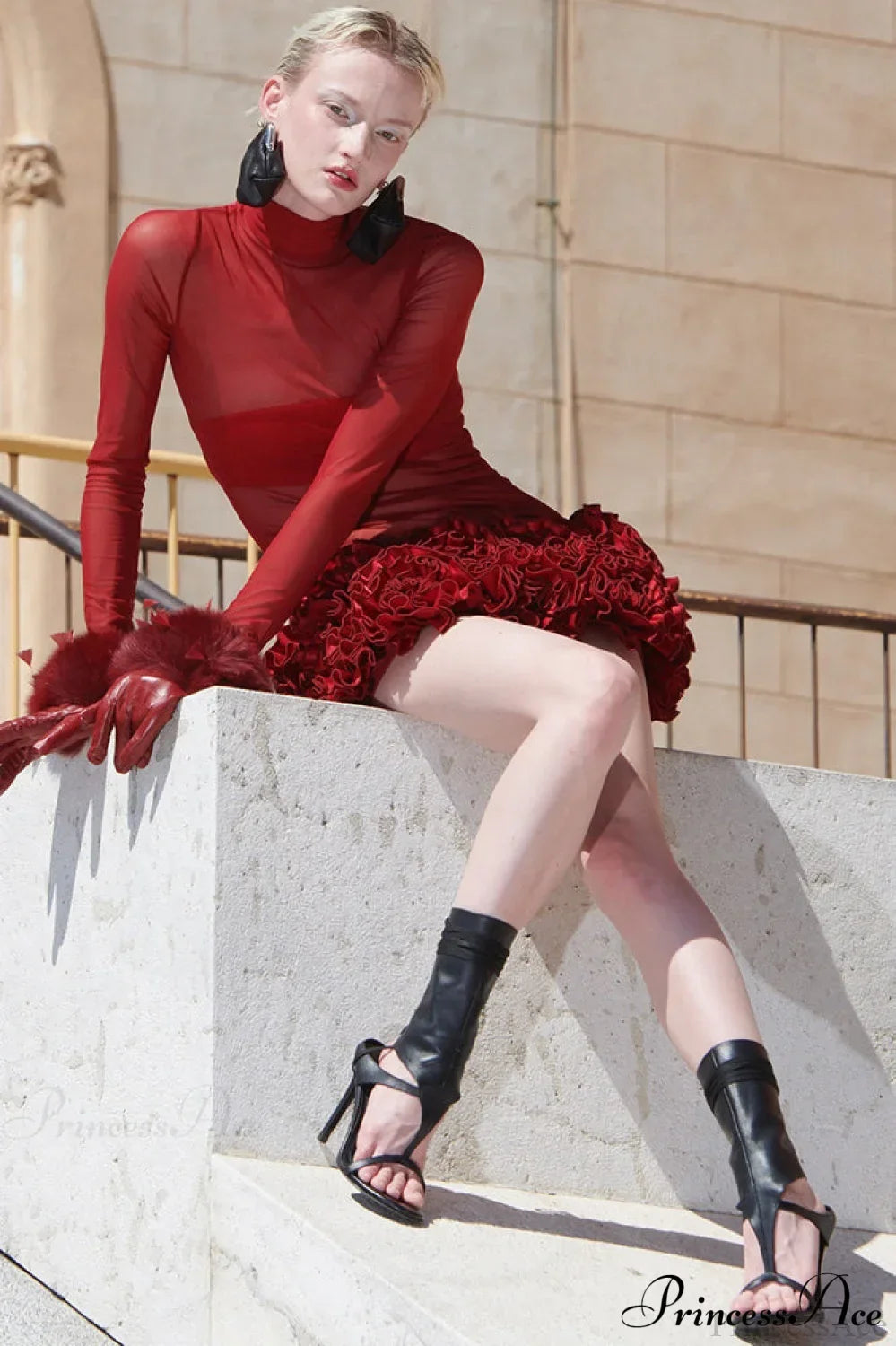 Sheer Mesh High Neck Long Sleeve Ruffle Mini Dress 2