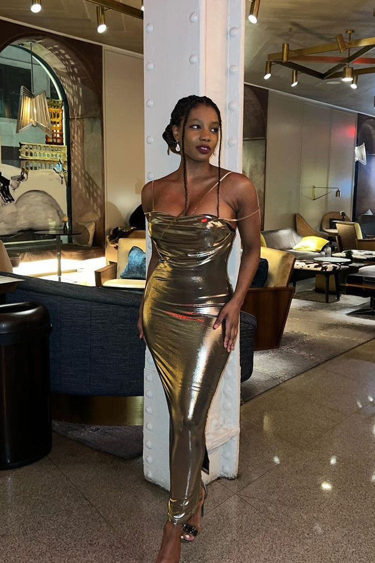 Sexy Metallic Cowl Sweetheart Neck Chain Strap Fitted Evening Maxi Dress - Gold Fashionpara