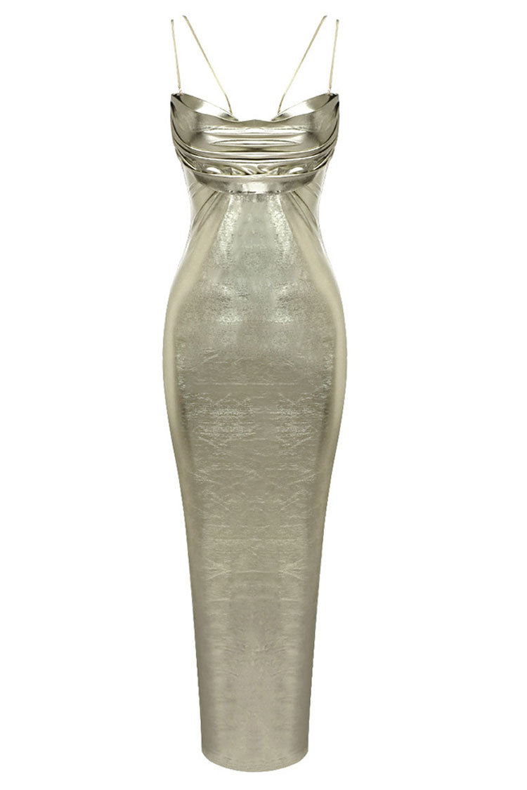 Sexy Metallic Cowl Sweetheart Neck Chain Strap Fitted Evening Maxi Dress - Gold Fashionpara