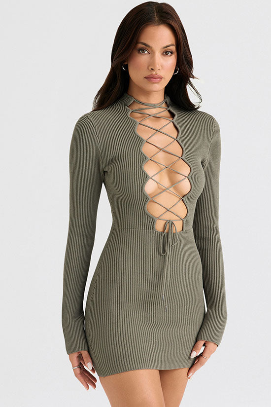 Ribbed Knit Mock Neck Long Sleeve Lace Up Bodycon Mini Dress