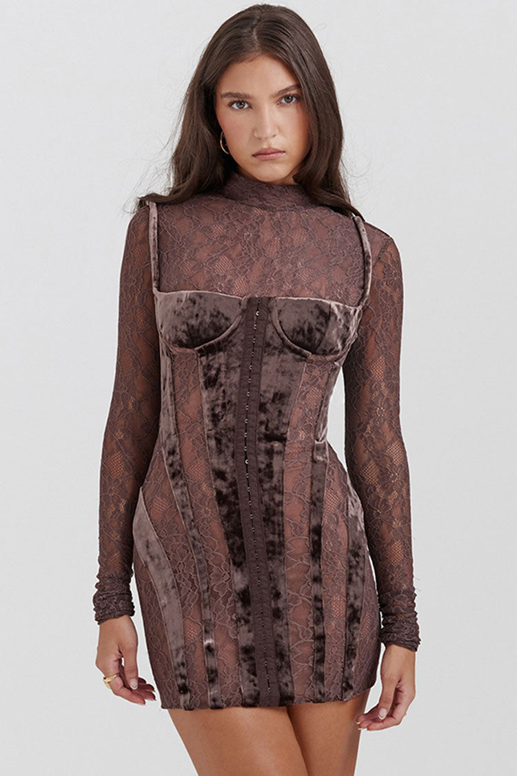 Velvet Mock Neck Long Sleeve Sheer Lace Corset Bodycon Mini Dress