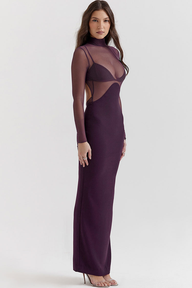 Sexy Mock Neck Long Sleeve Sheer Mesh Panel Bodycon Maxi Dress - Fuchsia - Fashionpara