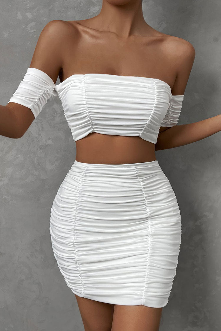Sexy Off Shoulder Crop Top High Waist Ruched Two Piece Club Mini Dress - White Fashionpara