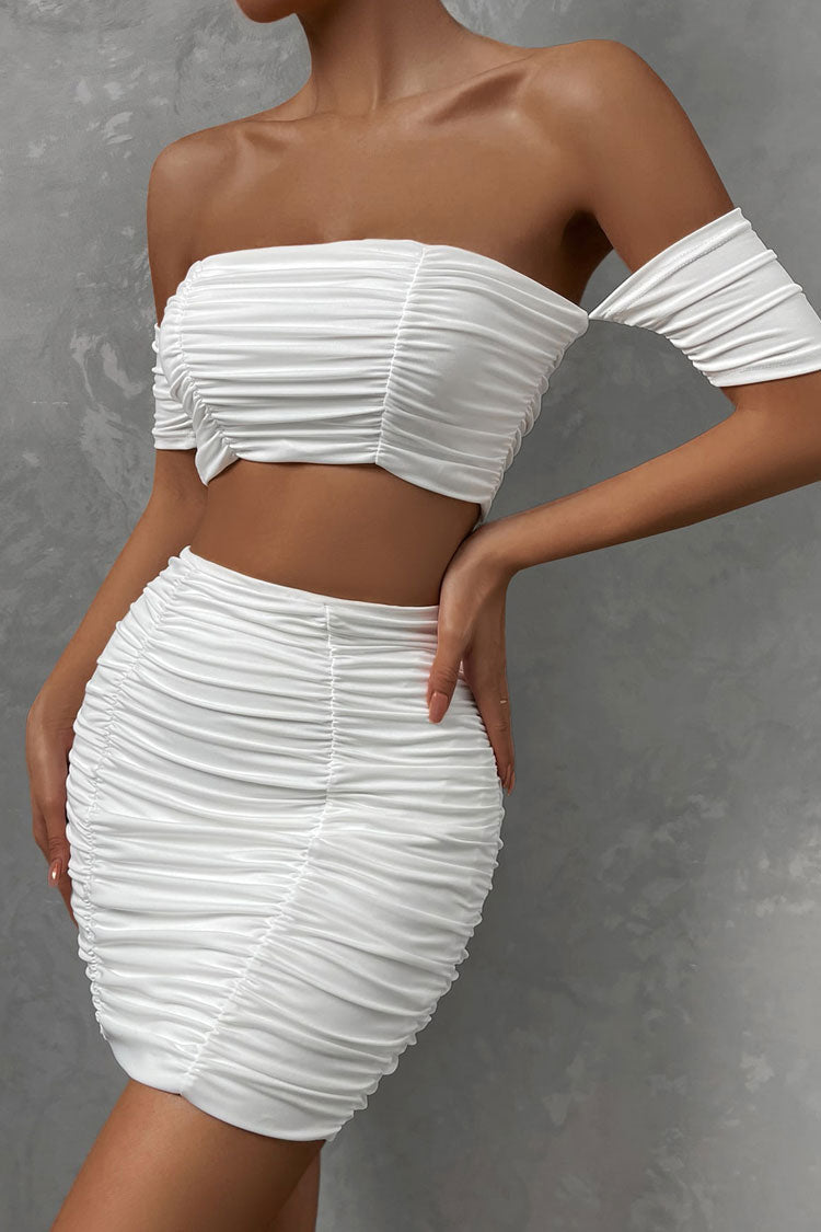 Sexy Off Shoulder Crop Top High Waist Ruched Two Piece Club Mini Dress - White Fashionpara