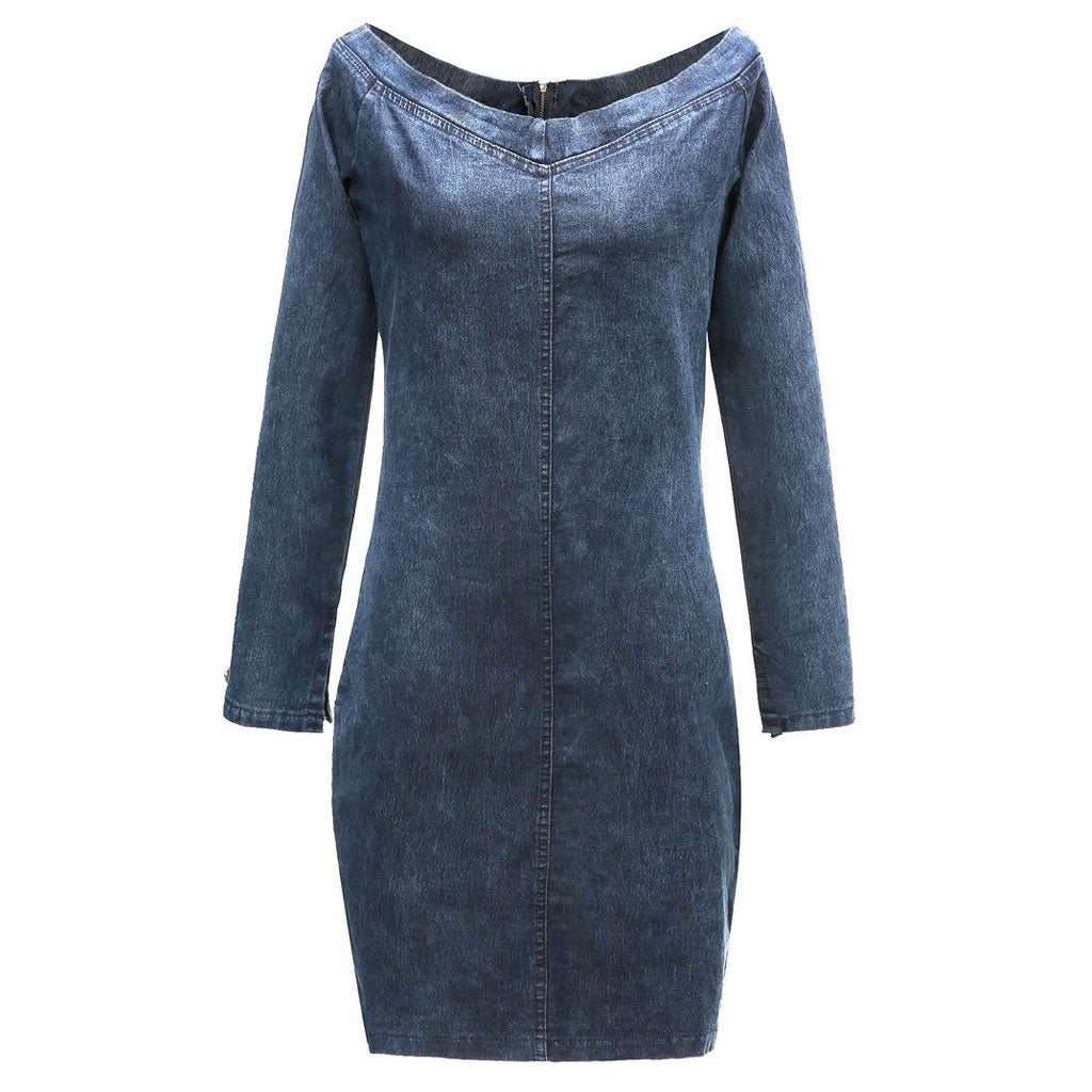 Denim Off Shoulder Long Sleeve Sweetheart Bodycon Mini Dress 2