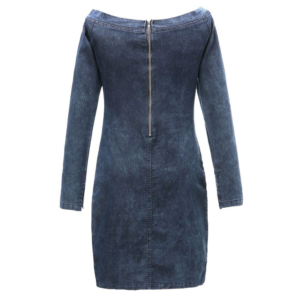 Denim Off Shoulder Long Sleeve Sweetheart Bodycon Mini Dress 3