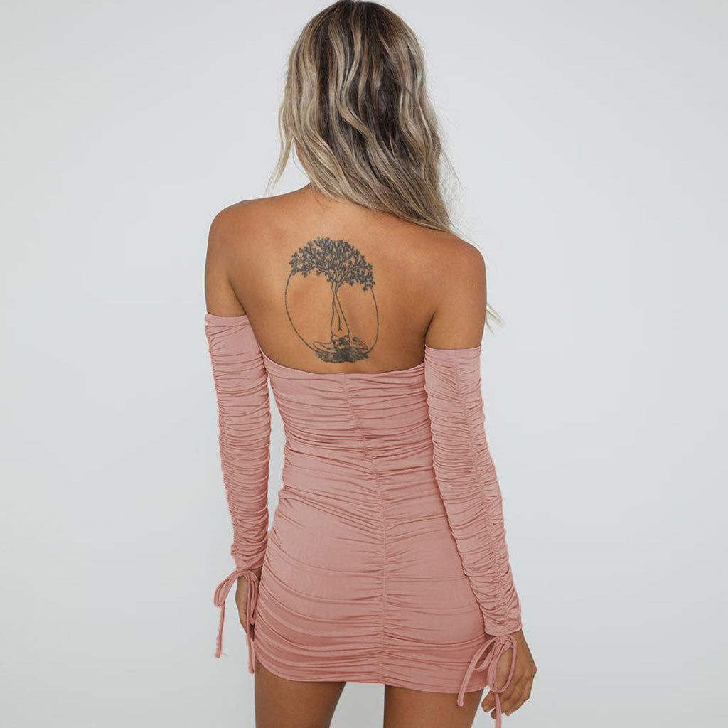 Off Shoulder Long Sleeve Tie Front Ruched Bodycon Mini Dress 3