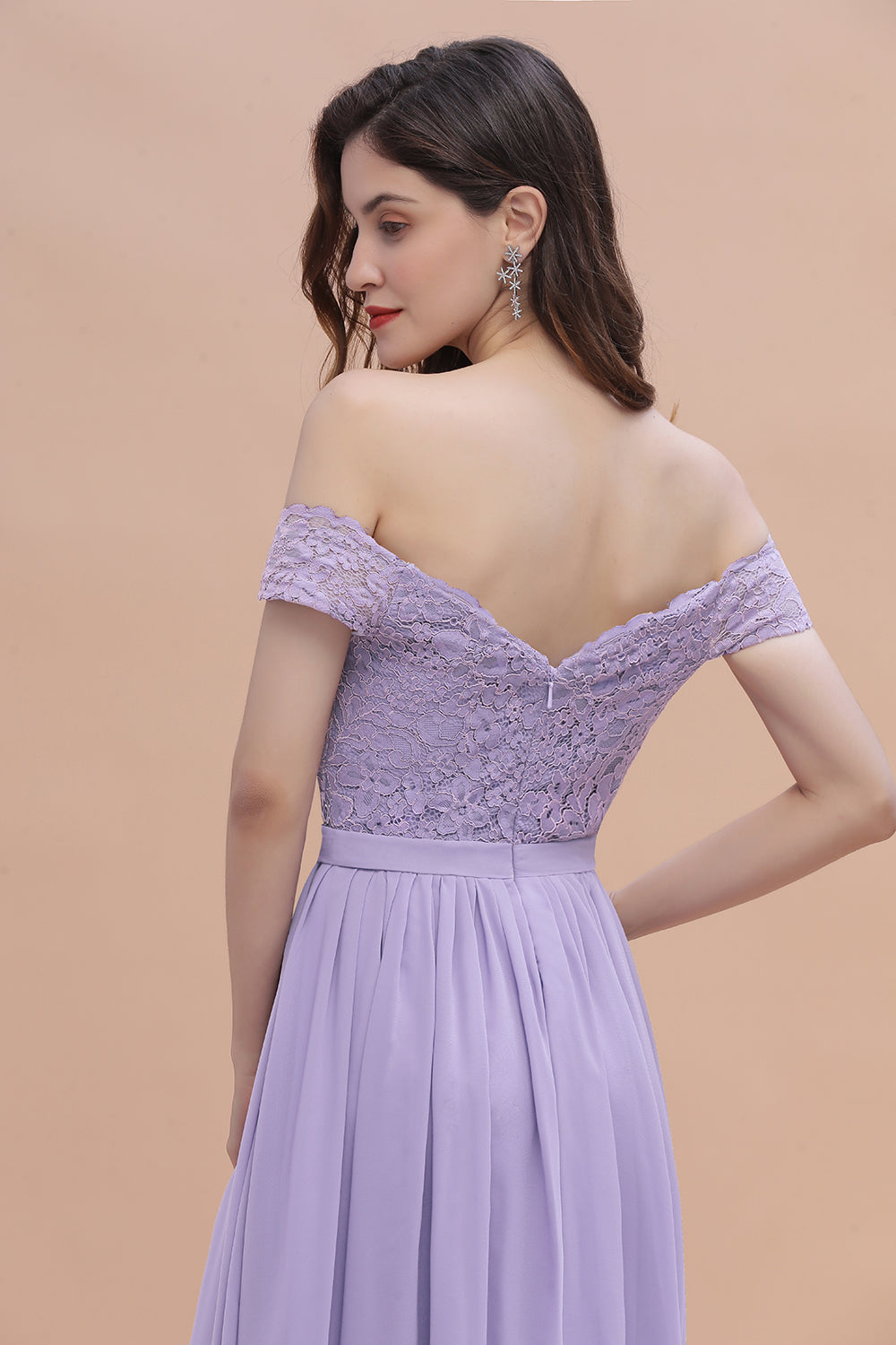 Sexy Off-the-Shoulder Lace Chiffon Ruffles Bridesmaid Dresses with Slit On Sale - Fashionpara