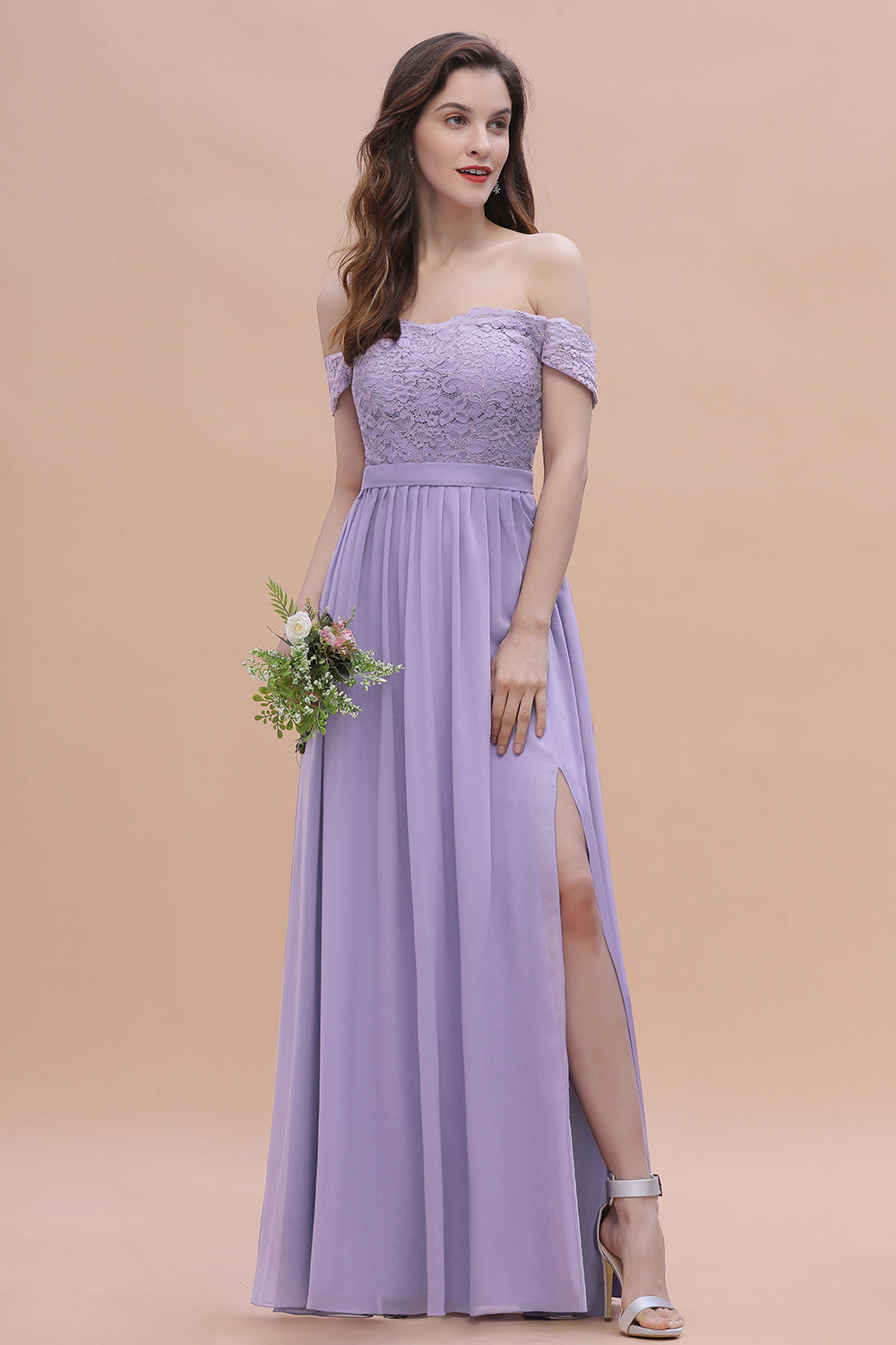 Sexy Off-the-Shoulder Lace Chiffon Ruffles Bridesmaid Dresses with Slit On Sale - Fashionpara